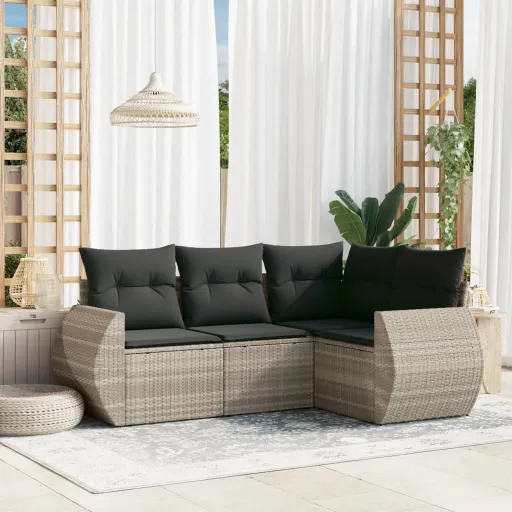 Conj. Sofás Jardim c/ Almofadões Vime PE Cinzento-Claro (4 pcs)