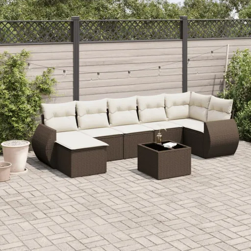 Conjunto Sofás de Jardim c/ Almofadões Vime PE Castanho (8 pcs)