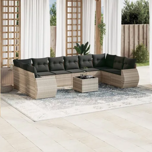 Conjunto Sofás de Jardim c/ Almofadões Vime PE Cinzento (11 pcs)
