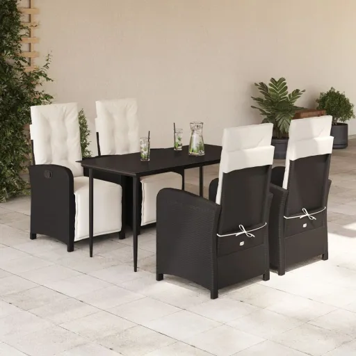 Conjunto de Jantar p/ Jardim c/ Almofadões Vime PE Preto (5 pcs)