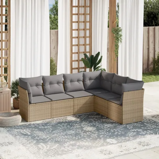 Conjunto de Sofás p/ Jardim com Almofadões Vime PE Bege (6 pcs)