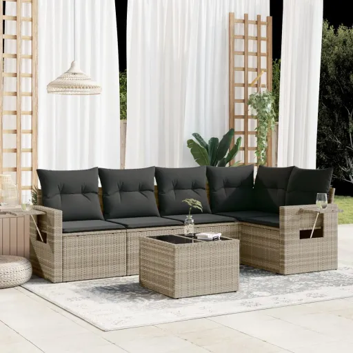 Conj. Sofás Jardim com Almofadões Vime PE Cinzento-Claro (6 pcs)
