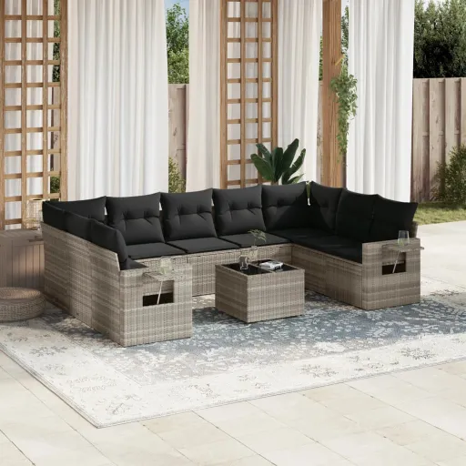 Conj. Sofás Jardim com Almofadões Vime PE Cinzento-Claro (10 pcs)