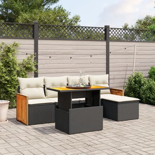 Conjunto Sofás de Jardim c/ Almofadões Vime PE Preto (6 pcs)