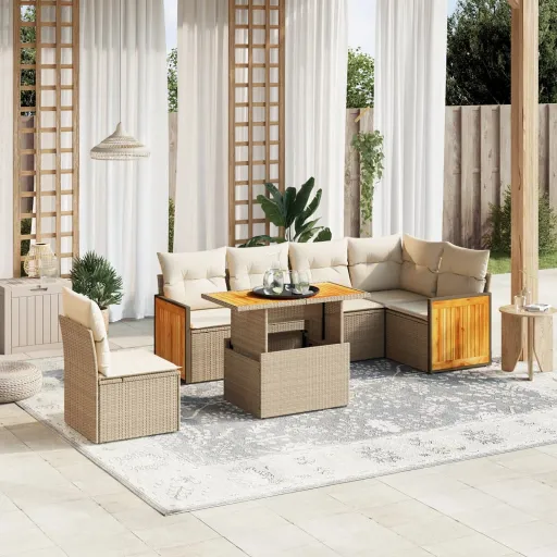 Conjunto de Sofás p/ Jardim com Almofadões Vime PE Bege (7 pcs)