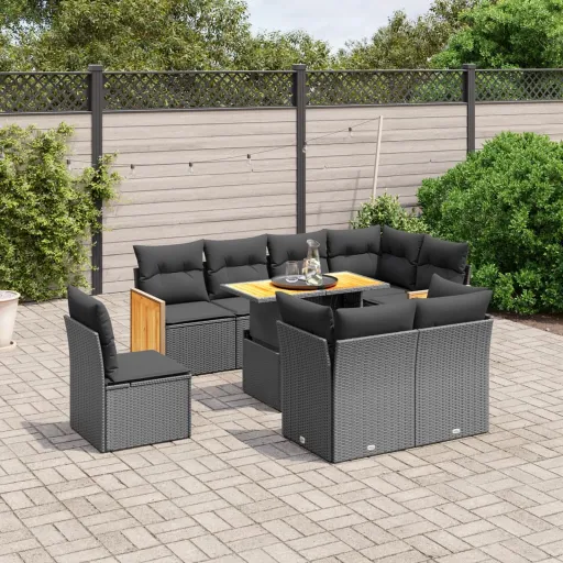 Conjunto de Sofás p/ Jardim c/ Almofadões Vime PE Preto (9 pcs)