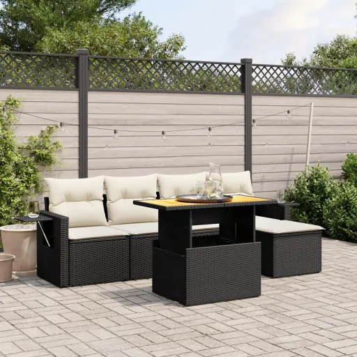 Conjunto Sofás de Jardim c/ Almofadões Vime PE Preto (6 pcs)