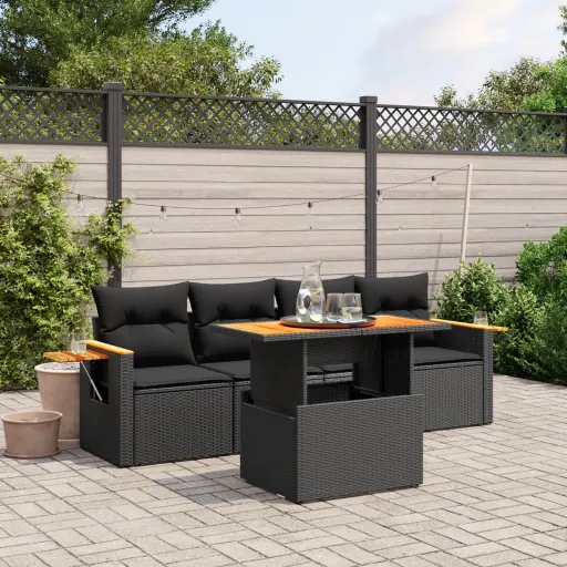 Conjunto Sofás de Jardim com Almofadões Vime PE Preto (5 pcs)