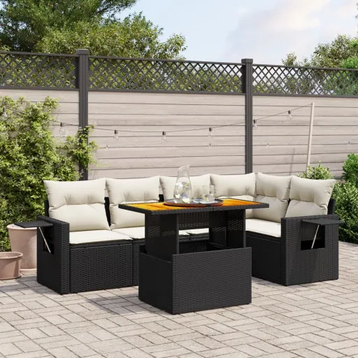 Conjunto Sofás de Jardim c/ Almofadões Vime PE Preto (6 pcs)