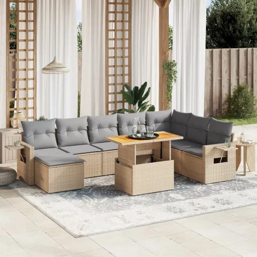 Conjunto de Sofás p/ Jardim com Almofadões Vime PE Bege (9 pcs)