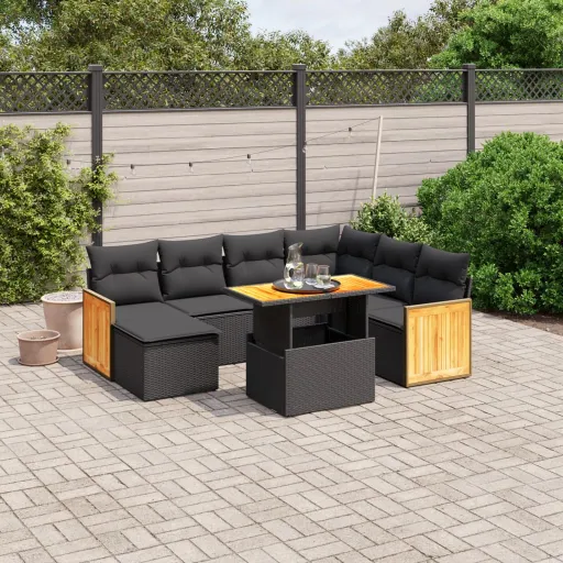 Conjunto Sofás de Jardim com Almofadões Vime PE Preto (8 pcs)