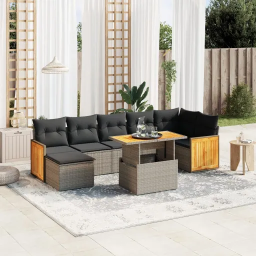 Conjunto Sofás de Jardim c/ Almofadões Vime PE Cinzento (8 pcs)