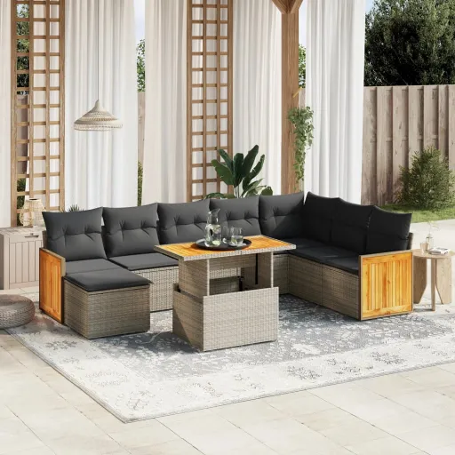 Conjunto Sofás p/ Jardim com Almofadões Vime PE Cinzento (9 pcs)
