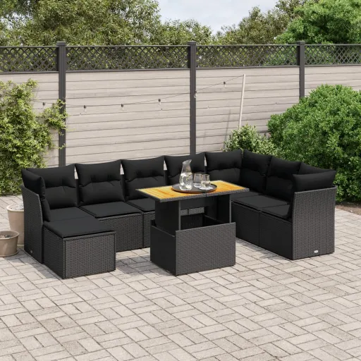 Conjunto de Sofás p/ Jardim c/ Almofadões Vime PE Preto (9 pcs)