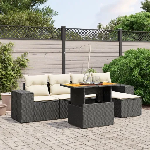 Conjunto Sofás de Jardim c/ Almofadões Vime PE Preto (6 pcs)