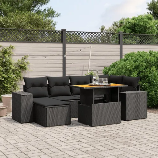 Conjunto de Sofás p/ Jardim c/ Almofadões Vime PE Preto (7 pcs)