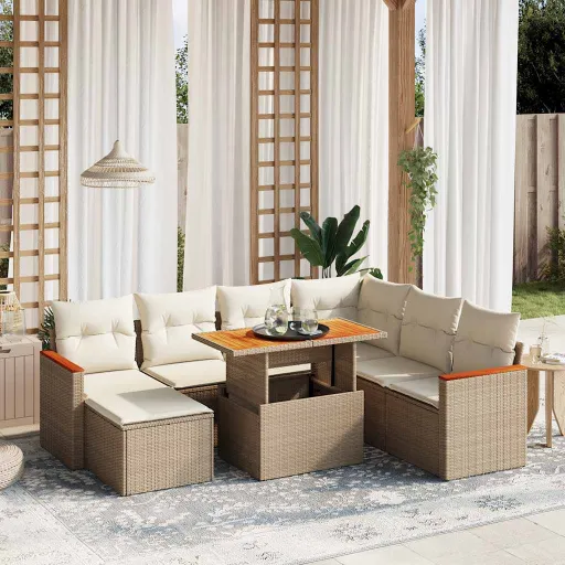 Conjunto de Sofás p/ Jardim com Almofadões Vime PE Bege (8 pcs)