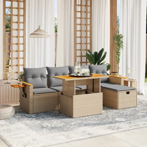 Conjunto de Sofás p/ Jardim com Almofadões Vime PE Bege (6 pcs)