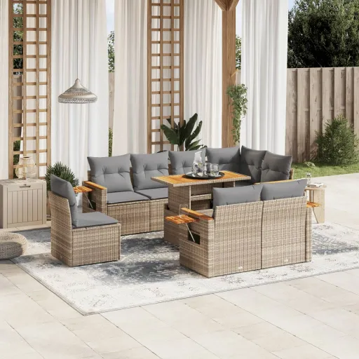 Conjunto de Sofás p/ Jardim com Almofadões Vime PE Bege (9 pcs)