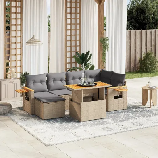 Conjunto de Sofás p/ Jardim com Almofadões Vime PE Bege (7 pcs)