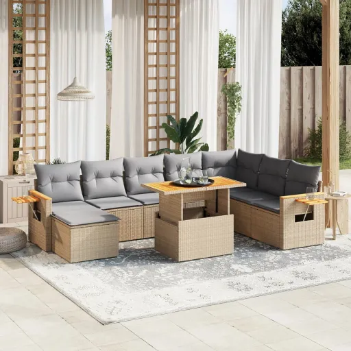Conjunto de Sofás p/ Jardim com Almofadões Vime PE Bege (9 pcs)