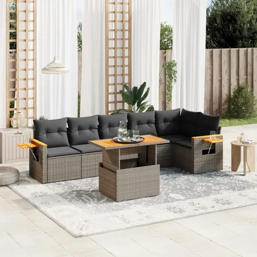 Conjunto Sofás p/ Jardim c/ Almofadões Vime PE Cinzento (7 pcs)
