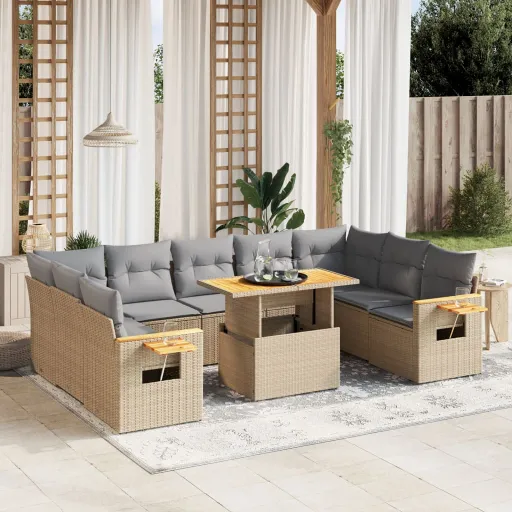 Conjunto de Sofás p/ Jardim com Almofadões Vime PE Bege (10 pcs)