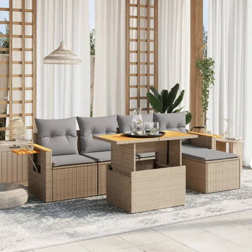 Conjunto de Sofás p/ Jardim com Almofadões Vime PE Bege (6 pcs)