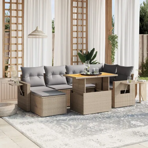 Conjunto de Sofás p/ Jardim com Almofadões Vime PE Bege (7 pcs)