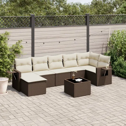 Conjunto Sofás de Jardim c/ Almofadões Vime PE Castanho (8 pcs)