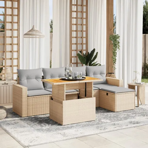 Conjunto de Sofás p/ Jardim com Almofadões Vime PE Bege (6 pcs)