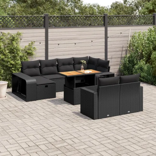 Conjunto Sofás de Jardim c/ Almofadões Vime PE Preto (11 pcs)
