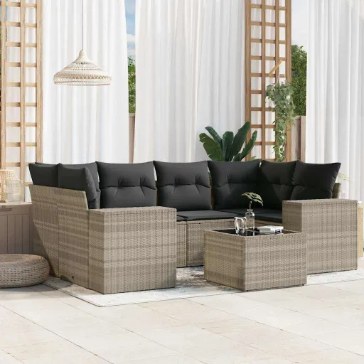 Conj. Sofás Jardim com Almofadões Vime PE Cinzento-Claro (7 pcs)
