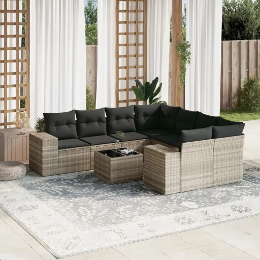 Conj. Sofás Jardim com Almofadões Vime PE Cinzento-Claro (9 pcs)