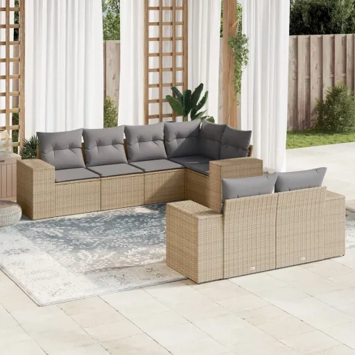 Conjunto de Sofás p/ Jardim com Almofadões Vime PE Bege (7 pcs)