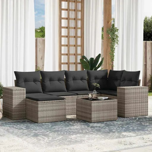 Conj. Sofás Jardim com Almofadões Vime PE Cinzento-Claro (7 pcs)