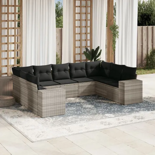 Conj. Sofás Jardim com Almofadões Vime PE Cinzento-Claro (9 pcs)