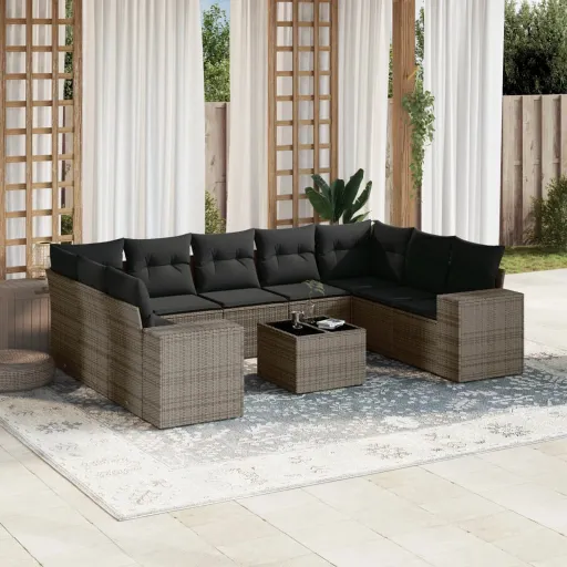 Conjunto Sofás de Jardim c/ Almofadões Vime PE Cinzento (10 pcs)
