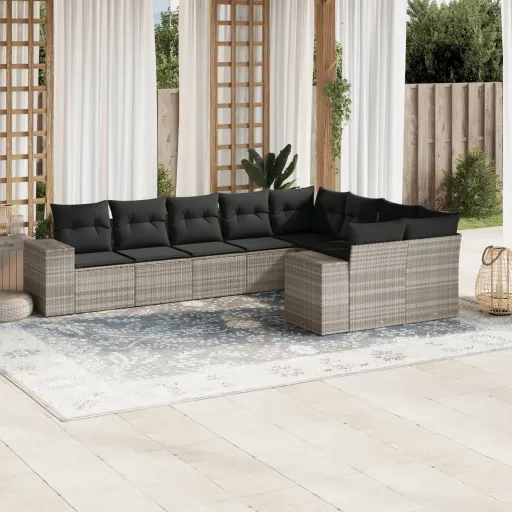 Conj. Sofás Jardim com Almofadões Vime PE Cinzento-Claro (9 pcs)