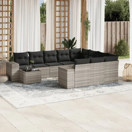 Conjunto Sofás de Jardim c/ Almofadões Vime PE Cinzento (11 pcs)