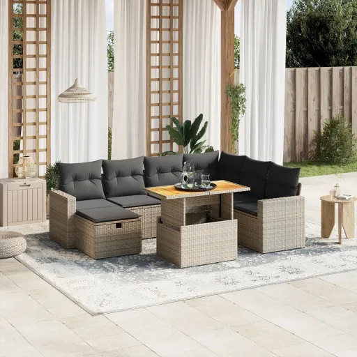 Conjunto Sofás de Jardim c/ Almofadões Vime PE Cinzento (8 pcs)