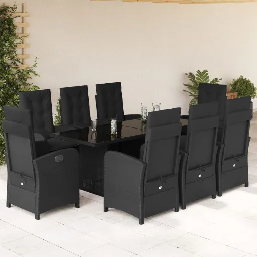 Conjunto de Jantar p/ Jardim c/ Almofadões Vime PE Preto (9 pcs)