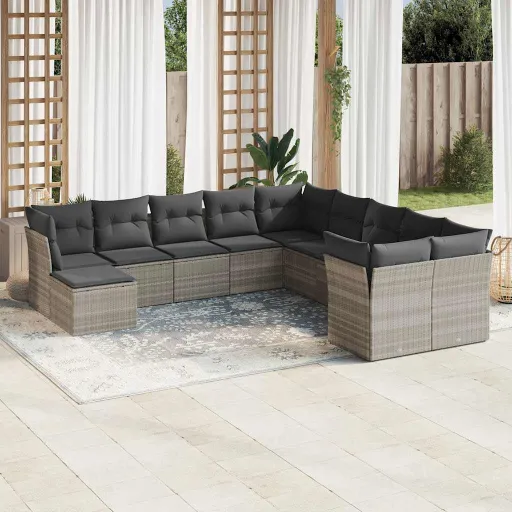 Conjunto Sofás de Jardim c/ Almofadões Vime PE Cinzento (11 pcs)