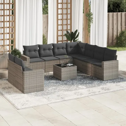 Conjunto Sofás de Jardim c/ Almofadões Vime PE Cinzento (10 pcs)