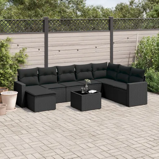 Conjunto de Sofás p/ Jardim c/ Almofadões Vime PE Preto (9 pcs)
