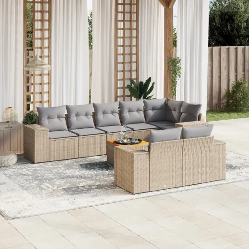 Conjunto de Sofás p/ Jardim com Almofadões Vime PE Bege (9 pcs)