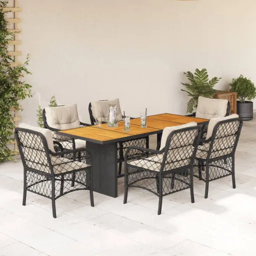 Conjunto de Jantar p/ Jardim c/ Almofadões Vime PE Preto (7 pcs)