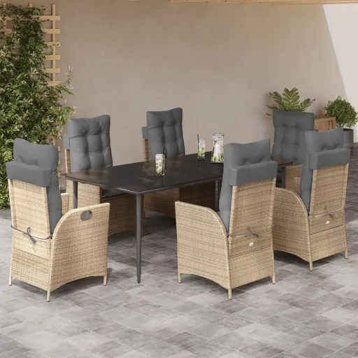 Conjunto de Jantar p/ Jardim com Almofadões Vime PE Bege (7 pcs)