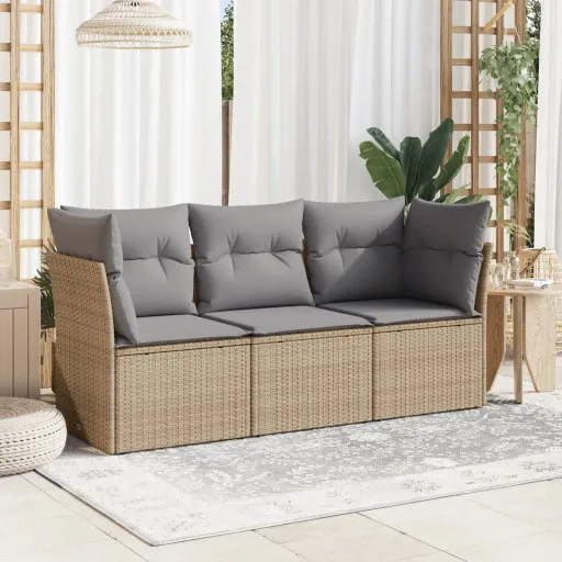 Conjunto de Sofás p/ Jardim com Almofadões Vime PE Bege (3 pcs)