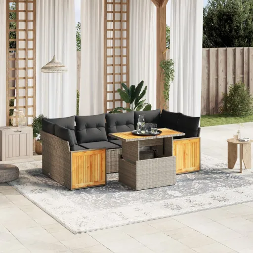 Conjunto Sofás p/ Jardim c/ Almofadões Vime PE Cinzento (7 pcs)